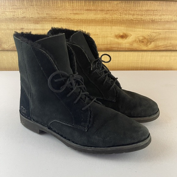 UGG Quincy Womens 10 Black Suede Leather Lace Up Fold Over Ankle Boots 1012359 - Picture 1 of 10